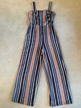 Fishbowl Linen Blend Wide Leg Ankle Jumpsuit Striped Blue Orange Size S (1)